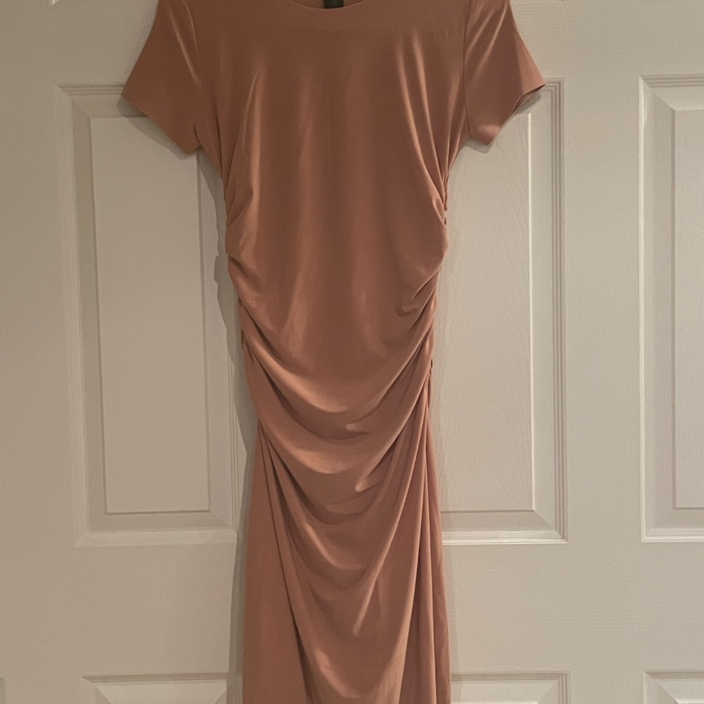 Norma Kamali Tan  Ruched Cocktail Dress